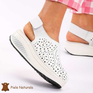 Pantofi Perforati dama din Piele Naturala cu talpa inalta CRL0186 ALB