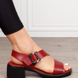 SANDALE Dama Piele Naturala cu toc patrat gros CRL1601 BORDO