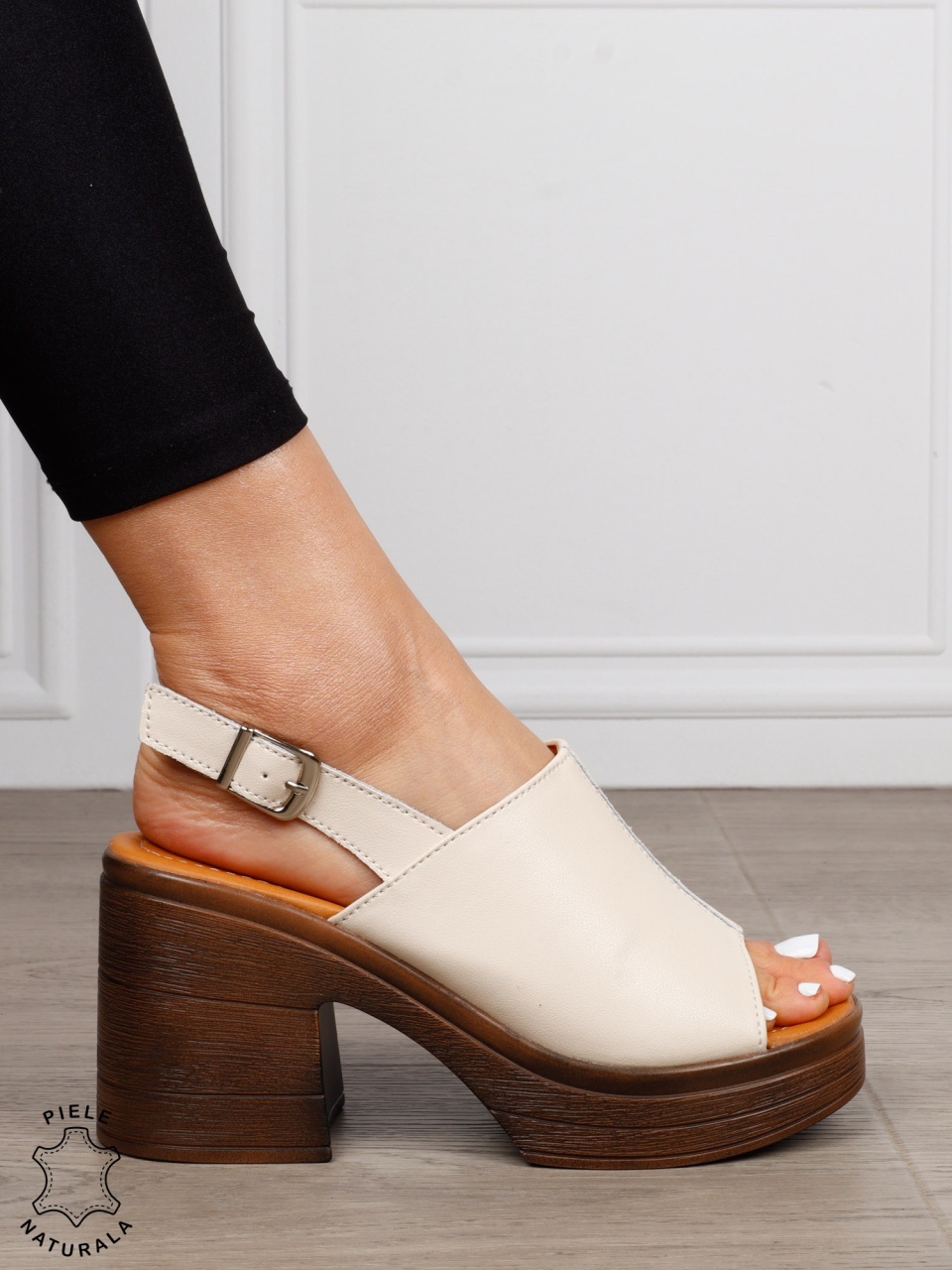 Sandale DAMA DIN PIELE NATURALA CU TOC GROS CRL1409 Bej