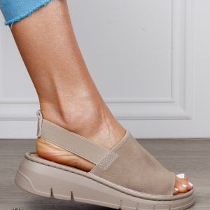 Sandale Damă din Piele Naturală Intoarsa cu Design Modern și Bareta Elastică CRL1805 BEJ INCHIS