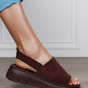 Sandale Damă din Piele Naturală Intoarsa cu Design Modern și Bareta Elastică CRL1805 CAFENIU