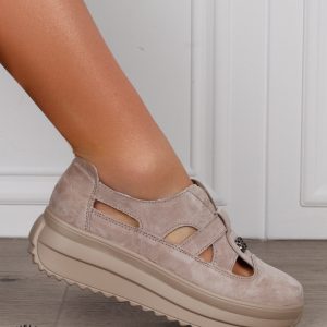 Sandale dama din Piele Naturala Intoarsa cu talpa inalta CRL1558 KHAKI
