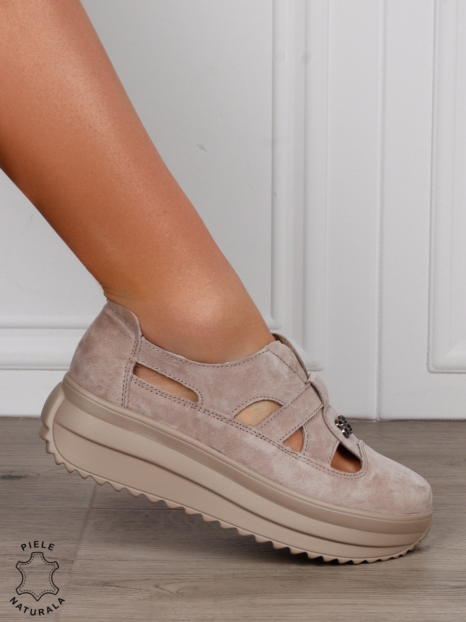 Sandale dama din Piele Naturala Intoarsa cu talpa inalta CRL1558 KHAKI