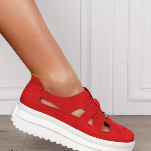 Sandale dama din Piele Naturala Intoarsa cu talpa inalta CRL1558 ROSU