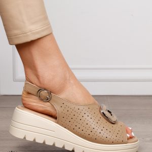Sandale damă din piele naturală cu detaliu tip cataramă frontală CRL1659 KHAKI