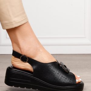 Sandale damă din piele naturală cu detaliu tip cataramă frontală CRL1659 NEGRU