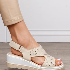 Sandale damă din piele naturală model casual cu barete simple CRL1663 BEJ