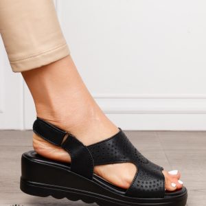 Sandale damă din piele naturală model casual cu barete simple CRL1663 NEGRU