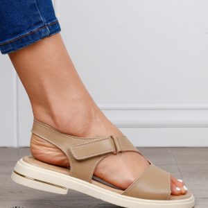Sandale damă din piele naturală model casual cu talpă joasă și design modern CRL1646 KHAKI