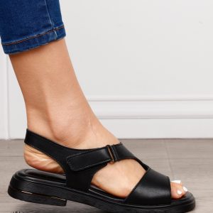 Sandale damă din piele naturală model casual cu talpă joasă și design modern CRL1646 NEGRU
