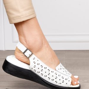 Sandale damă din piele naturală model modern cu design perforat CRL1662 ALB