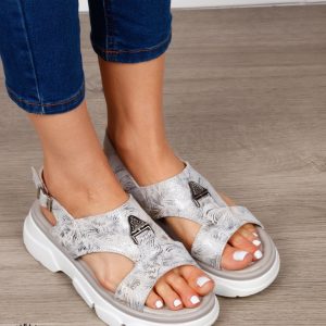 Sandale damă din piele naturală model premium cu detaliu decorativ frontal CRL1651 ARGINTIU