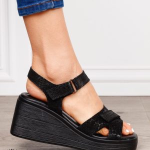 Sandale damă din piele naturală model premium cu platformă CRL1649 NEGRU