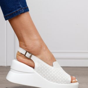 Sandale damă din piele naturală model simplu și confortabil cu platformă CRL1645 ALB