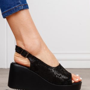 Sandale damă din piele naturală talpa tip platorma cu cataramă CRL1644 ALL BLACK