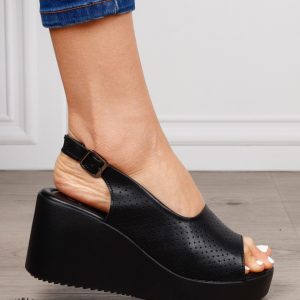 Sandale damă din piele naturală talpa tip platorma cu cataramă CRL1644 NEGRU