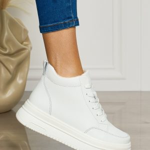 Ghete casual din piele naturală cu talpa solida CRL1510 ALB