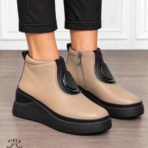 Ghete damă din piele naturală cu accesoriu metalic decorativ CRL1903 KHAKI