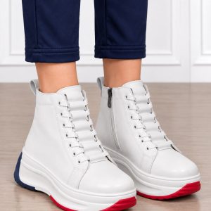 Ghete damă din piele naturală cu design modern și închidere dublă CRL1905 ALB
