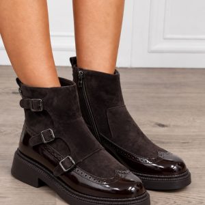 Ghete damă din piele naturală cu trei catarame decorative CRL1855 CAFENIU