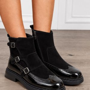 Ghete damă din piele naturală cu trei catarame decorative CRL1855 NEGRU