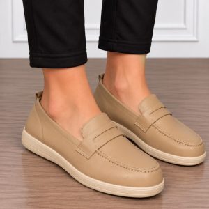 Mocasini damă din piele naturală cu finisaje clasice CRL1910 KHAKI
