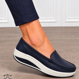 Mocasini damă din piele naturală cu șiret si talpa groasa CRL1859 BLEUMARIN