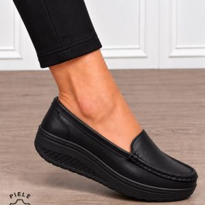Mocasini damă din piele naturală cu șiret si talpa groasa CRL1859 NEGRU