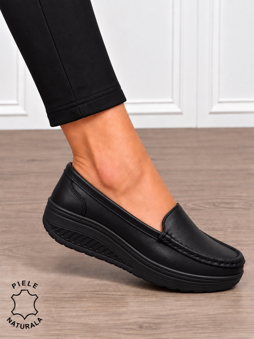 Mocasini damă din piele naturală cu șiret si talpa groasa CRL1859 NEGRU
