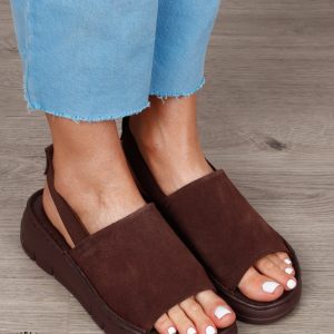 Sandale Damă din Piele Naturală Intoarsa cu Design Modern și Bareta Elastică CRL1805 CAFENIU